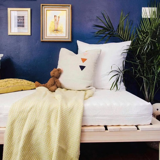 Essentia Grateful Bed Jr shown in a child's room with a blue wall