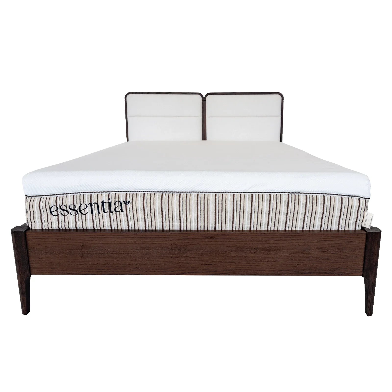 Essentia Mesa wood bed frame is shown straight on so you can see the upholstered headboard with an Essentia mattress placed on the frame