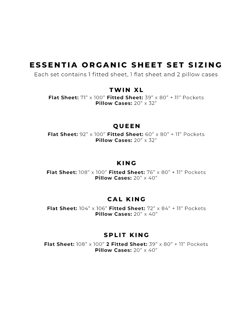 Image showing the exact dimensions of each Essentia organic sheet set.