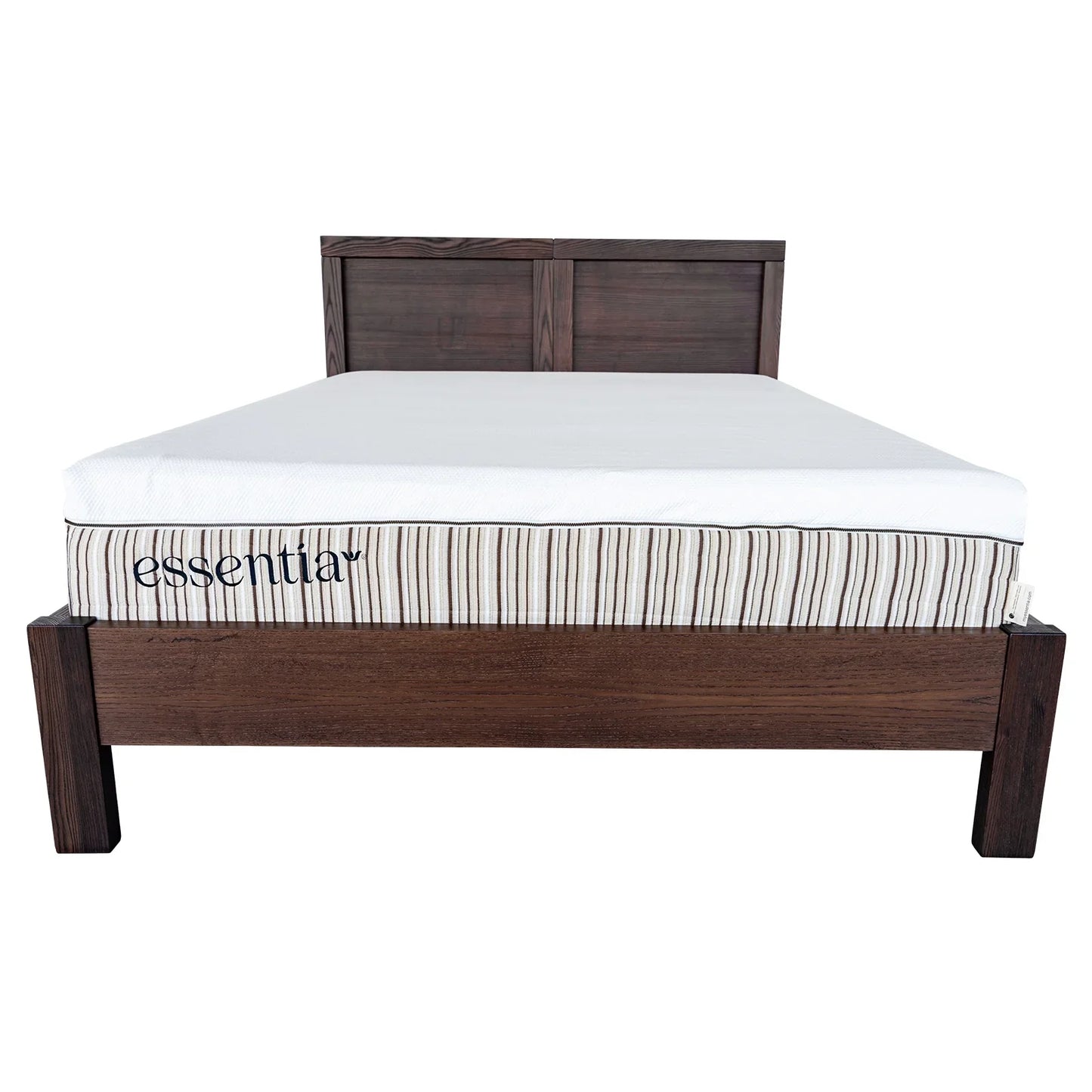 Essentia Tosca wood bed frame shown straight on so you can see the solid wood headboard with an Essentia mattress placed on the bed frame