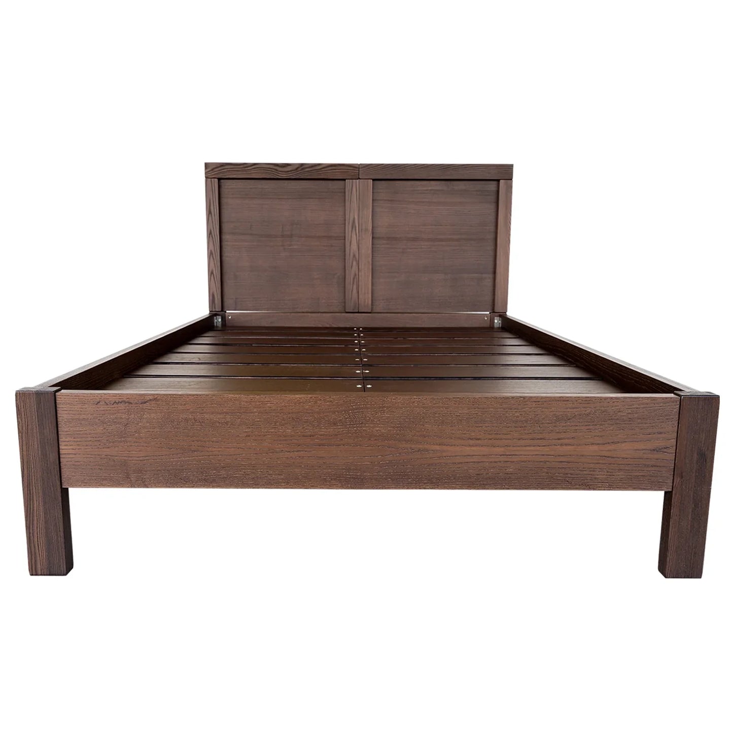 Essentia Tosca wood bed frame shown straight on so you can see the solid wood headboard