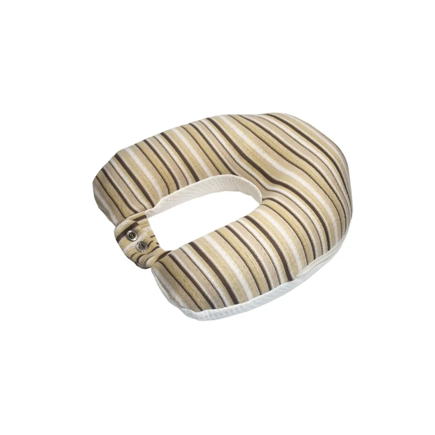 Essentia organic travel pillow shown with brown striped GOTS certified organic cotton cover